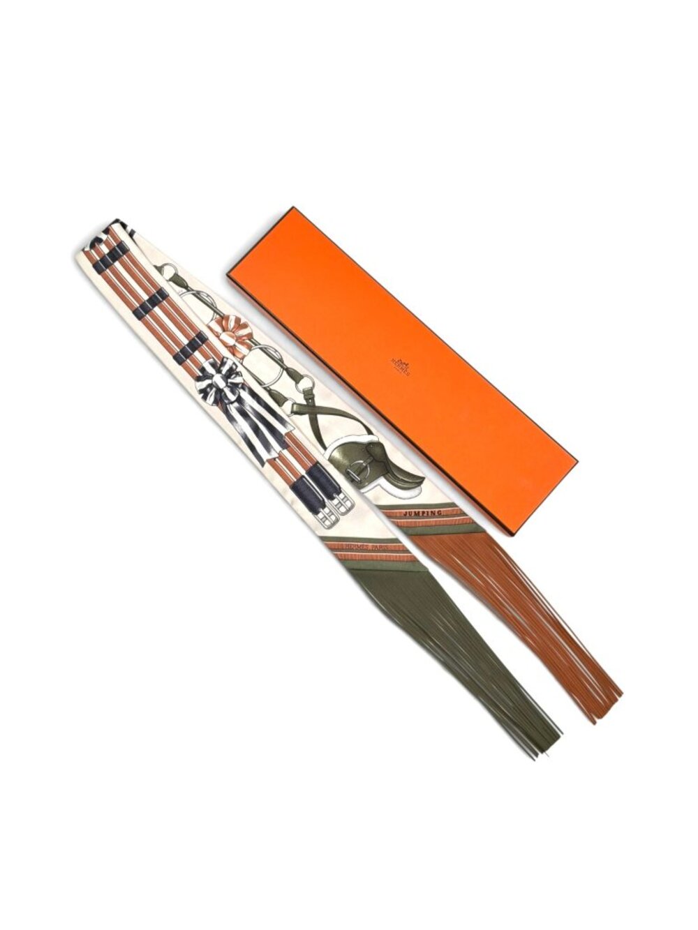 HERMES Beige Silk And Leather Fringe Twilly With Equestrian Print